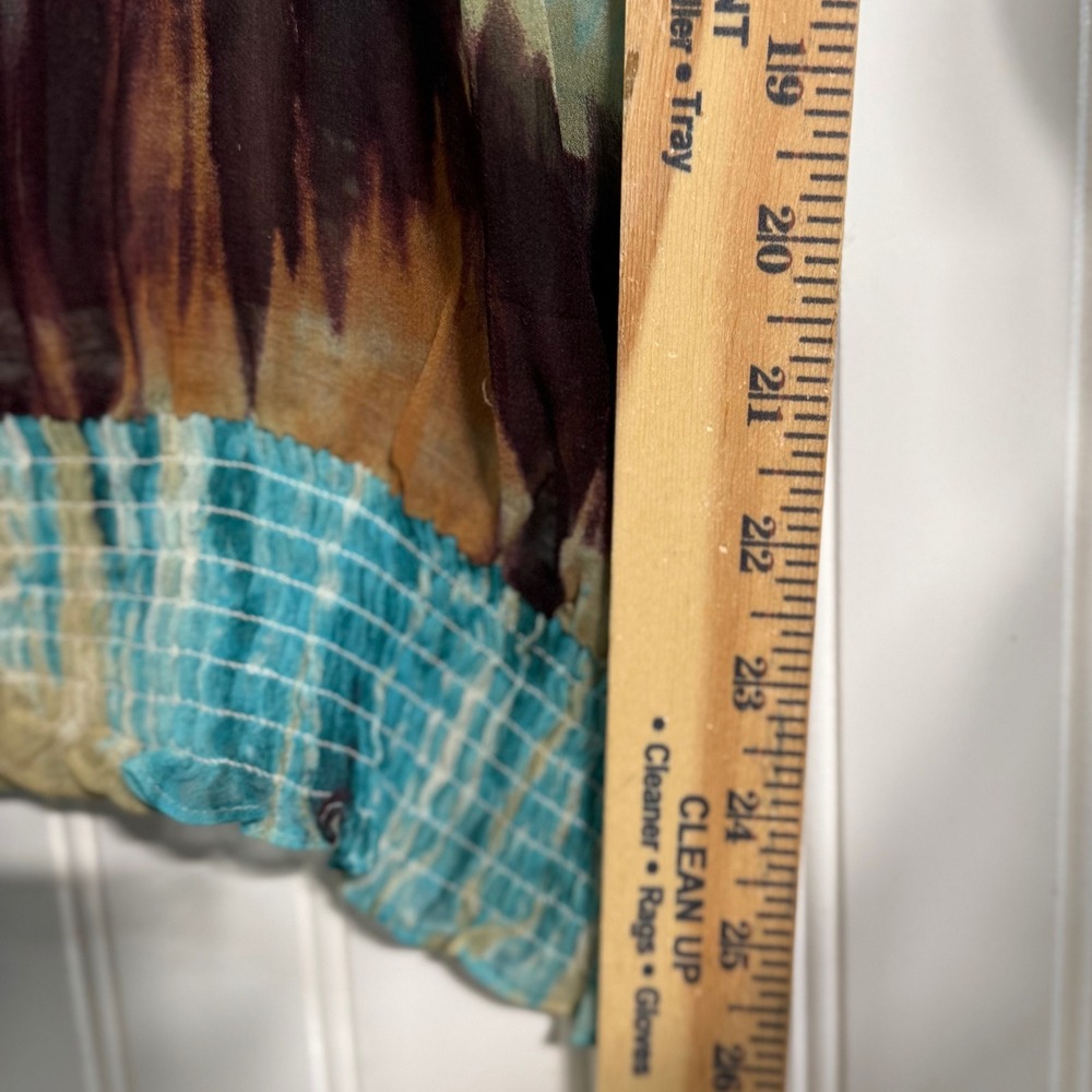 Karen Kane 100% Silk Abstract Blouse Smocked Waist Tie Neck Blue Brown XS Y2K - Picture 6 of 9